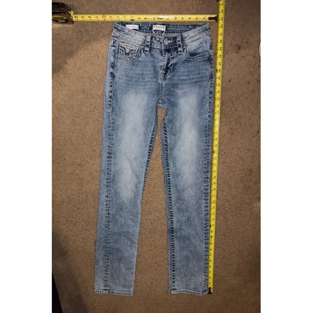 Vigoss Womens Straight Leg Wash Jeans Size 2 Blue Embellished Pockets T02-10